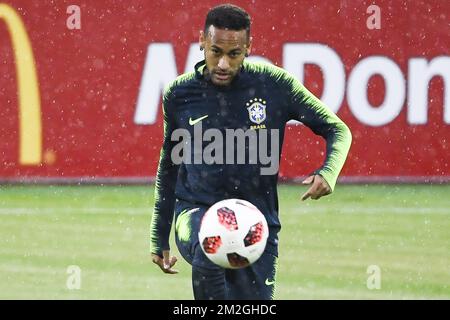 Brazil's Neymar pictured in action during a training session of the Brazil national soccer team in Kazan, Russia, Thursday 05 July 2018. Tomorrow they will meet Belgian national team the Red Devils in the quarter-finals of the FIFA World Cup 2018. BELGA PHOTO LAURIE DIEFFEMBACQ Stock Photo