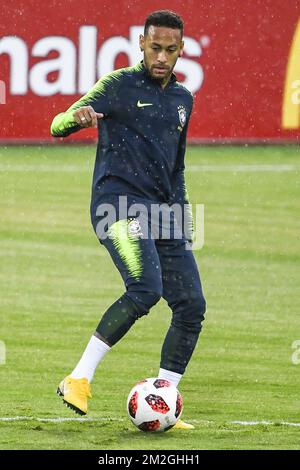 Brazil's Neymar pictured in action during a training session of the Brazil national soccer team in Kazan, Russia, Thursday 05 July 2018. Tomorrow they will meet Belgian national team the Red Devils in the quarter-finals of the FIFA World Cup 2018. BELGA PHOTO LAURIE DIEFFEMBACQ Stock Photo