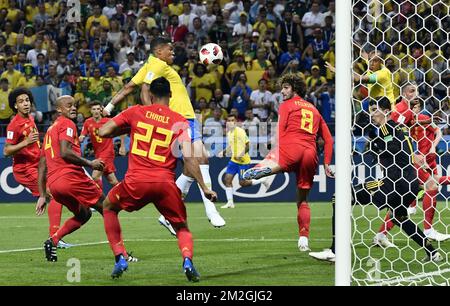 Brazil's Thiago Silva pictured in action during a soccer game between Belgian national soccer team the Red Devils and Brazil in Kazan, Russia, Friday 06 July 2018, the quarter-finals of the 2018 FIFA World Cup. BELGA PHOTO DIRK WAEM  Stock Photo