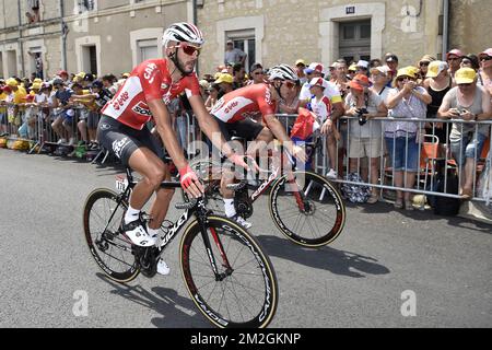 Belgian Jelle Vanendert of Lotto-Soudal and Belgian Jasper De Buyst of Lotto-Soudal pictured after the arrival of the first stage of the 105th edition of the Tour de France cycling race, 201km from Noirmoutier-en-l'Ile to Fontenay-le-Comte, France, Saturday 07 July 2018. This year's Tour de France takes place from July 7th to July 29th. BELGA PHOTO YORICK JANSENS Stockfoto