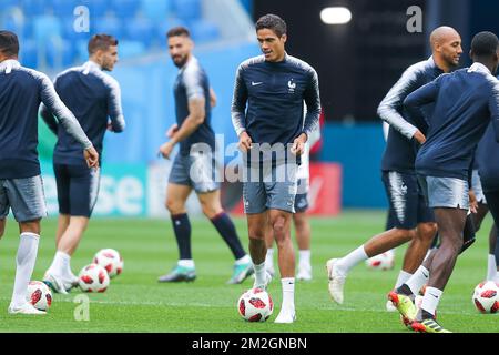 France's Raphael Varane pictured during a training session of the French national soccer team 'Les Bleus', in Saint-Petersburg, Russia, Monday 09 July 2018. The Belgian national soccer team the Red Devils qualified for the semi-finals of the FIFA World Cup 2018, on Tuesday they will meet France. BELGA PHOTO BRUNO FAHY Stock Photo