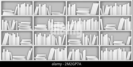 Weißes Bücherregal-Modell, Bücher im Regal in Büchereien, zu Hause, in der Schule oder im Büro. Volumen mit leerem Taschenbuch in Reihe und stapelweise auf einem Regal stehend auf dem Boden, realistisches 3D-Vektormodell Stock Vektor