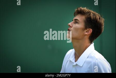 Belgian Louis Herman pictured during a tennis match between Belgian Louis Herman and US Trey Hilderbrand, in round two of the boys singles at the 2018 Wimbledon grand slam tennis tournament at the All England Tennis Club, in south-west London, Britain, Tuesday 10 July 2018. BELGA PHOTO VIRGINIE LEFOUR Stockfoto