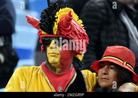 Die Anhänger der Red Devils reagieren nach dem Halbfinalspiel zwischen der französischen Nationalmannschaft „Les Bleus“ und der belgischen Nationalmannschaft „Red Devils“ am Dienstag, den 10. Juli 2018 in Sankt Petersburg, Russland. BELGA FOTO DIRK WAEM Stockfoto