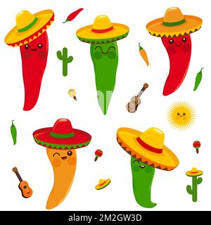 Süße mexikanische Mariachi Chili-Pfeffer-Figuren mit Sombreros. Stockfoto