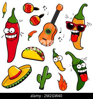 Mexikanische Kollektion mit Cartoon-Chili-Pfeffer-Figuren. Stockfoto