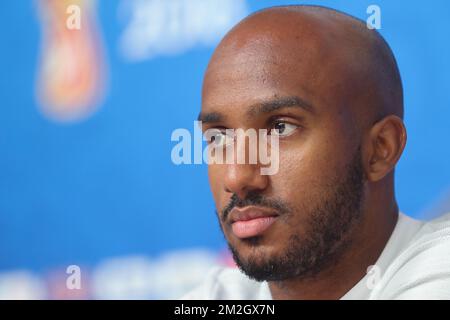 Fabian Delph aus England wurde auf einer Pressekonferenz der englischen Fußballmannschaft am Freitag, den 13. Juli 2018 in Sankt Petersburg (Russland) gezeigt. Am Samstag trifft die belgische Fußballnationalmannschaft die Red Devils England auf dem dritten Platz der FIFA-Weltmeisterschaft 2018. BELGA FOTO BRUNO FAHY Stockfoto