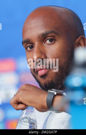 Fabian Delph aus England wurde auf einer Pressekonferenz der englischen Fußballmannschaft am Freitag, den 13. Juli 2018 in Sankt Petersburg (Russland) gezeigt. Am Samstag trifft die belgische Fußballnationalmannschaft die Red Devils England auf dem dritten Platz der FIFA-Weltmeisterschaft 2018. BELGA FOTO BRUNO FAHY Stockfoto