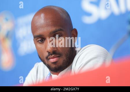 Fabian Delph aus England wurde auf einer Pressekonferenz der englischen Fußballmannschaft am Freitag, den 13. Juli 2018 in Sankt Petersburg (Russland) gezeigt. Am Samstag trifft die belgische Fußballnationalmannschaft die Red Devils England auf dem dritten Platz der FIFA-Weltmeisterschaft 2018. BELGA FOTO BRUNO FAHY Stockfoto