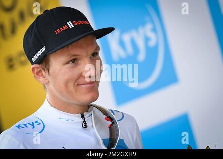 Danish Soren Kragh Andersen vom Team Sunweb feiert nach der siebten Etappe des Radrennen Tour de France 105., von Fougeres nach Chartres (231 km), in Frankreich, am Freitag, den 13. Juli 2018, auf dem Podium des weißen Trikots für den besten jungen Fahrer. Die diesjährige Tour de France findet vom 7.. Juli bis 29.. Juli statt. BELGA FOTO DAVID STOCKMAN Stockfoto