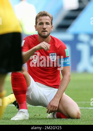 Harry Kane aus England reagiert während eines Fußballspiels zwischen der belgischen Nationalmannschaft Red Devils und England, dem dritten Spiel der FIFA-Weltmeisterschaft 2018, am Samstag, den 14. Juli 2018 in Sankt Petersburg, Russland. BELGA FOTO BRUNO FAHY Stockfoto