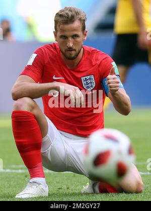 Harry Kane aus England reagiert während eines Fußballspiels zwischen der belgischen Nationalmannschaft Red Devils und England, dem dritten Spiel der FIFA-Weltmeisterschaft 2018, am Samstag, den 14. Juli 2018 in Sankt Petersburg, Russland. BELGA FOTO BRUNO FAHY Stockfoto