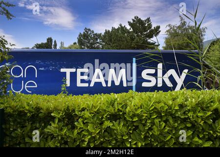 Die Abbildung zeigt den Team Sky Bus am ersten Ruhetag in der 105.. Ausgabe des Radrennen Tour de France in Chambery, Frankreich, Montag, den 16. Juli 2018. Die diesjährige Tour de France findet vom 7.. Juli bis 29.. Juli statt. BELGA FOTO YORICK JANSENS Stockfoto