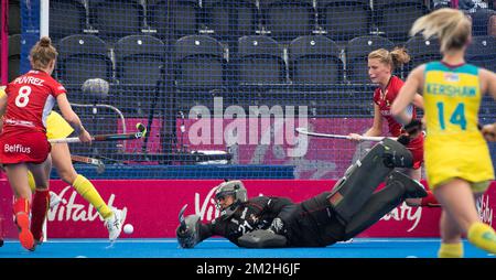 Belgium's Emma Puvrez, Belgium's goalkeeper Aisling D'hooghe and Australia's Stephanie Kershaw pictured in action during the game between Australia and Belgium in group D at the Hockey Women's World Cup, in London, UK, Tuesday 24 July 2018. The Hockey Women's World Cup takes place from 21 July to 05 August at the Lee Valley Hockey Centre in London. BELGA PHOTO BENOIT DOPPAGNE  Stock Photo