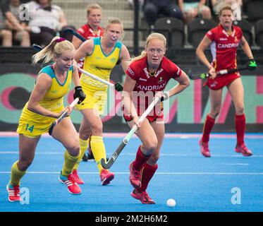 Stephanie Kershaw aus Australien und Jill Boon aus Belgien wurden während des Spiels zwischen Australien und Belgien in Gruppe D bei der Hockey Women's World Cup in London, Großbritannien, Dienstag, den 24. Juli 2018, in Aktion gezeigt. Die Hockey Women's World Cup findet vom 21. Juli bis zum 05. August im Lee Valley Hockey Centre in London statt. BELGA FOTO BENOIT DOPPPAGNE Stockfoto