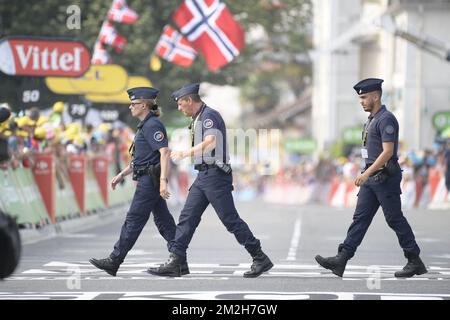 Police pictured at the finish of the 18th stage of the 105th edition of the Tour de France cycling race, 171km from Trie-sur-Baise to Pau, France, Thursday 26 July 2018. This year's Tour de France takes place from July 7th to July 29th. BELGA PHOTO YORICK JANSENS  Stock Photo