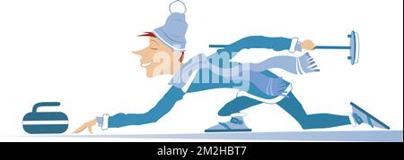 Smiling young man plays curling.  Winter sport. Curling. Young man with curling brush pushes a stone towards a target. Isolated on white illustration Stock Vector