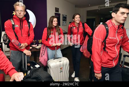 Belgian swimmer Lorenz Weiremans (L), Belgian Valentine Dumont (center L) and Belgian Kimberly Buys (center R) pictured at the arrival of the Belgian swimmers ahead of the European Championships, in Glasgow, Scotland, Tuesday 31 July 2018. European championships of several sports, including swimming, will be held in Glasgow from 03 to 12 August. BELGA PHOTO ERIC LALMAND  Stock Photo