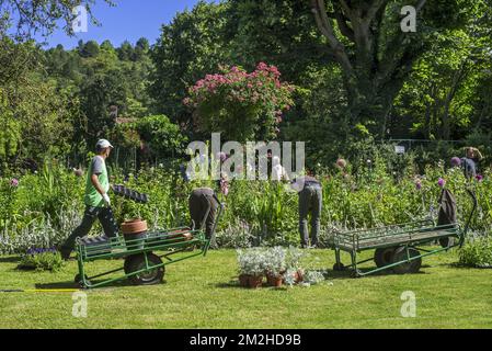 Gärtner/Gartenbauer, die im Sommer im Garten des impressionistischen Malers Claude Monet in Giverny, Eure, Normandie, Frankreich arbeiten | Jardiniers dans le jardin du peintre Claude Monet à Giverny, Eure Département, Normandie, Frankreich 01/07/2018 Stockfoto