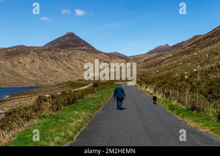 Silent Valley County Down Northern Ireland - 16 2018. Mai. Eine Frau in einer blauen Jacke führt ihren schwarzen Hund auf einem Weg neben dem Silent Valley Reservoir Stockfoto