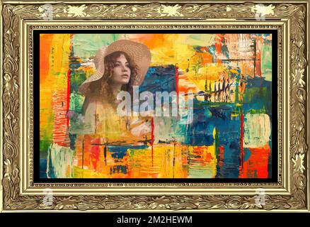 Abstract Modern Fine art with woman face image. Beautiful oil painting . 3d color vector illustrationv Stock Vector