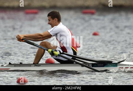 Belgian rower Ruben Somers pictured in action during the B-final of the men's lightweight single sculls rowing event, at the European Championships, in Glasgow, Scotland, Sunday 05 August 2018. European championships of several sports will be held in Glasgow from 03 to 12 August. BELGA PHOTO ERIC LALMAND Stock Photo