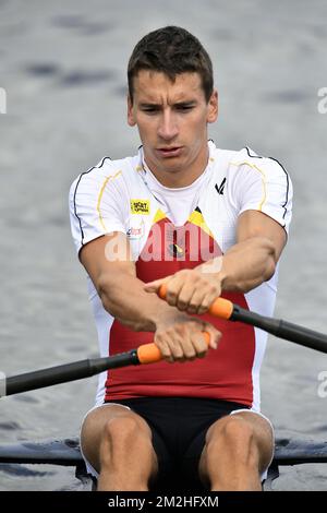 Der belgische Ruderspieler Ruben Somers wurde nach dem B-Finale der Leichtgewicht-Ruderveranstaltung der Männer bei der Europameisterschaft in Glasgow (Schottland) am Sonntag, den 05. August 2018, fotografiert. Vom 03. Bis 12. August finden in Glasgow Europameisterschaften verschiedener Sportarten statt. BELGA FOTO ERIC LALMAND Stockfoto