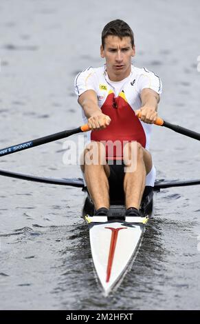 Der belgische Ruderspieler Ruben Somers wurde nach dem B-Finale der Leichtgewicht-Ruderveranstaltung der Männer bei der Europameisterschaft in Glasgow (Schottland) am Sonntag, den 05. August 2018, fotografiert. Vom 03. Bis 12. August finden in Glasgow Europameisterschaften verschiedener Sportarten statt. BELGA FOTO ERIC LALMAND Stockfoto