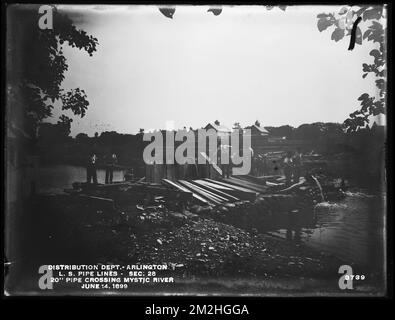 Vertriebsabteilung, Low Service Pipe Lines, 20-Zoll-Rohrübergang bei Mystic River, Section 28, Arlington, Mass., Juni 14, 1899, Wasserwerke, Rohrleitungen, Baustellen Stockfoto