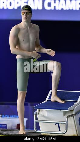 Der belgische Schwimmer Thomas Thijs wurde während der Hitze des Freistil-Schwimmturniers der Herren 200m bei den Europameisterschaften in Glasgow, Schottland, am Montag, den 06. August 2018, fotografiert. Vom 03. Bis 12. August finden in Glasgow Europameisterschaften verschiedener Sportarten statt. BELGA FOTO ERIC LALMAND Stockfoto