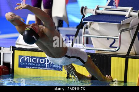 Der belgische Schwimmer Emmanuel Vanluspoke wurde in Aktion während der Hitze des gemischten Sportschwimmereignisses mit 4x100 m Länge bei der Europameisterschaft am Montag, den 06. August 2018 in Glasgow, Schottland, gezeigt. Vom 03. Bis 12. August finden in Glasgow Europameisterschaften verschiedener Sportarten statt. BELGA FOTO ERIC LALMAND Stockfoto