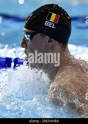 Belgischer Schwimmer Basten Caerts in Aktion während der Hitze der Medley-Relais-Mischschwimmveranstaltung auf der Europameisterschaft in Glasgow, Schottland, Montag, 06. August 2018. Vom 03. Bis 12. August finden in Glasgow Europameisterschaften verschiedener Sportarten statt. BELGA FOTO ERIC LALMAND Stockfoto