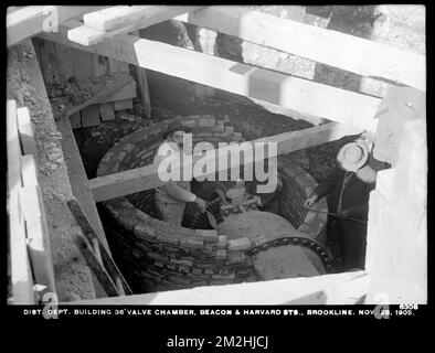 Verteilerabteilung, Low Service Pipe Lines, Building 36-Inch Valve Chamber, Beacon and Harvard Streets, Brookline, Mass., 28. November 1908 Wasserwerke, Rohrleitungen, Baustellen Stockfoto