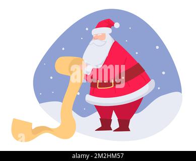 Weihnachtsmann liest Liste der Wünsche für Weihnachten Stock Vektor