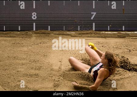 Der belgische Sportler Noor Vidts wurde während des langen Sprungs der weiblichen Heptathlon-Veranstaltung (fünfte Veranstaltung) bei der Europameisterschaft der Leichtathletik am Freitag, den 10. August 2018 in Berlin in Aktion gezeigt. Die Europameisterschaft der Leichtathletik findet vom 07. Bis 12. August in Berlin statt. BELGA-FOTOPOOL PHILIPPE HÄKELCHEN Stockfoto
