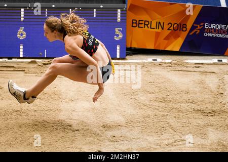 Der belgische Sportler Noor Vidts wurde während des langen Sprungs der weiblichen Heptathlon-Veranstaltung (fünfte Veranstaltung) bei der Europameisterschaft der Leichtathletik am Freitag, den 10. August 2018 in Berlin in Aktion gezeigt. Die Europameisterschaft der Leichtathletik findet vom 07. Bis 12. August in Berlin statt. BELGA-FOTOPOOL PHILIPPE HÄKELCHEN Stockfoto