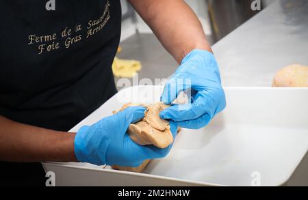 Illustration zeigt einen Besuch auf der Sauvenière Farm, die Foie Gras produziert, in Florennes, Freitag, den 10. August 2018. BELGA PHOTO VIRGINIE LEFOUR Stockfoto