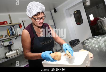 Illustration zeigt einen Besuch auf der Sauvenière Farm, die Foie Gras produziert, in Florennes, Freitag, den 10. August 2018. BELGA PHOTO VIRGINIE LEFOUR Stockfoto