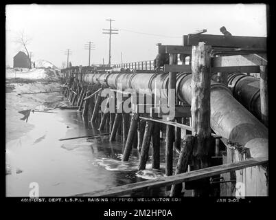 Distribution Department, Low Service Pipe Lines, raising 36-inch pipes, Wellington Bridge, Somerville, Mass., Jan. 2, 1903 , waterworks, pipes conduits, construction sites Stock Photo