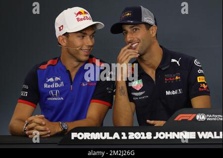 Toro Rossos französischer Fahrer Pierre Gasly und Red Bull's australischer Fahrer Daniel Ricciardo, abgebildet auf einer Pressekonferenz, Teil der Vorbereitungen vor dem Spa-Francorchamps Formel-1-Rennen von Belgien, in Spa-Francorchamps, Donnerstag, 23. August 2018. BELGA FOTO BENOIT DOPPPAGNE Stockfoto