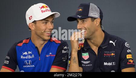 Toro Rossos französischer Fahrer Pierre Gasly und Red Bull's australischer Fahrer Daniel Ricciardo, abgebildet auf einer Pressekonferenz, Teil der Vorbereitungen vor dem Spa-Francorchamps Formel-1-Rennen von Belgien, in Spa-Francorchamps, Donnerstag, 23. August 2018. BELGA FOTO BENOIT DOPPPAGNE Stockfoto