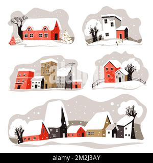 Winterstraße in der Stadt oder Stadt, verschneite Häuser Dächer Stock Vektor