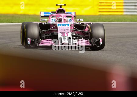 Force India's French driver Esteban Ocon pictured during the free test ahead of the Spa-Francorchamps Formula One Grand Prix of Belgium race, in Spa-Francorchamps, Saturday 25 August 2018. BELGA PHOTO BRUNO FAHY Stock Photo