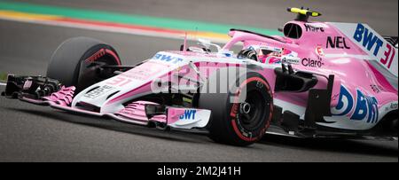 Force India's French driver Esteban Ocon pictured during the qualifications ahead of the Spa-Francorchamps Formula One Grand Prix of Belgium race, in Spa-Francorchamps, Saturday 25 August 2018. BELGA PHOTO BENOIT DOPPAGNE Stock Photo