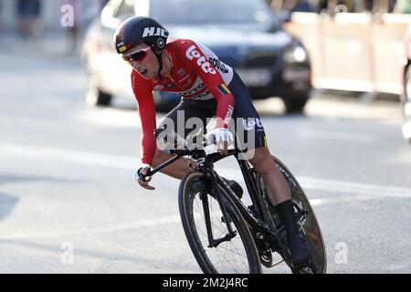 Belgian Bjorg Lambrecht of Lotto Soudal pictured in action during the first stage of the Vuelta, Tour of Spain cycling race, an 8km individual time trial in Malaga, Spain, Saturday 25 August 2018. BELGA PHOTO YUZURU SUNADA Stock Photo