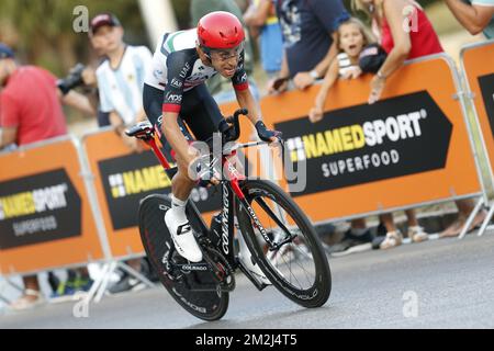 Italienischer Fabio Aru vom Team Emirates der Vereinigten Arabischen Emirate, in Aktion während der ersten Etappe des Radrennen Vuelta, Tour of Spain, einem 8km-km-Einzelversuch in Malaga, Spanien, Samstag, den 25. August 2018. BELGA FOTO YUZURU SUNADA Stockfoto