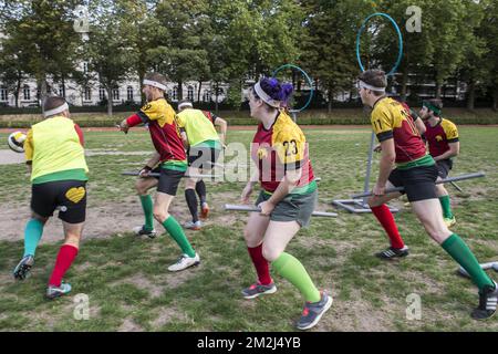 Quidditch-Match – um den Ball zu schießen, muss er über einen der drei Ringe gelegt werden. Die Geme ist von den Harry Potter Geschichten inspiriert | Match de Quidditch - CE Sport est Tire des aventures d'Harry Potter 26/08/2018 Stockfoto