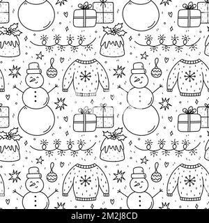 Cute xmas seamless pattern with snowman, Christmas pudding, gifts, ugly sweater, snowflakes, garlands, stars. Vector hand-drawn doodle illustration. Perfect for wrapping paper, decorations, wallpaper. Stock Vektor