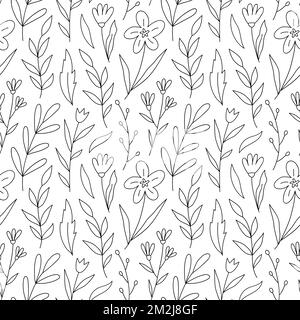 Botanisches Nahtloses Muster mit Blumen, Blättern und Ästen. Vektor-handgezeichnete Illustration im Doodle-Stil. Perfekt für Dekorationen, Tapeten, Geschenkpapier, Stoff. Floraler Hintergrund. Stock Vektor