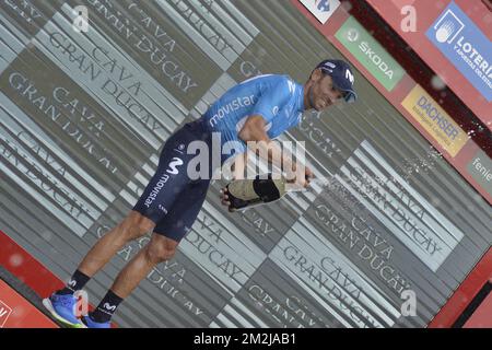 Spanischer Alejandro Valverde vom Movistar Team feiert nach dem Sieg der achten Etappe des Radrennen „Vuelta a Espana“, Tour of Spain, 195,1 km von Linares nach Almaden, Spanien, Samstag, 01. September 2018. BELGA FOTO YUZURU SUNADA FRANCE RAUS Stockfoto